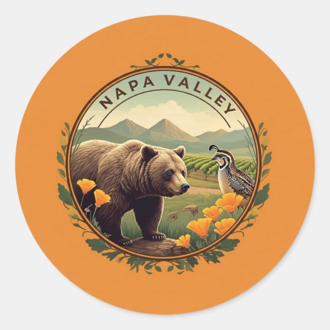 Napa Valley California Poppy Quail Bear Orange Classic Round Sticker (Front)