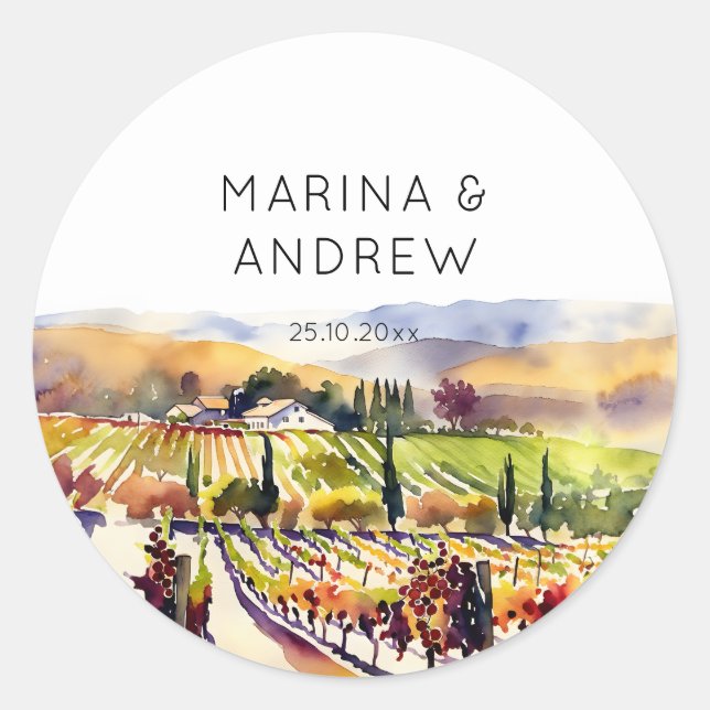 Napa Valley vineyard watercolor wedding Classic Round Sticker (Front)
