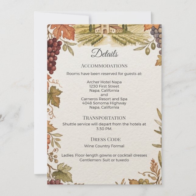 Napa Valley Vineyard Wedding Details Enclosure  (Front)