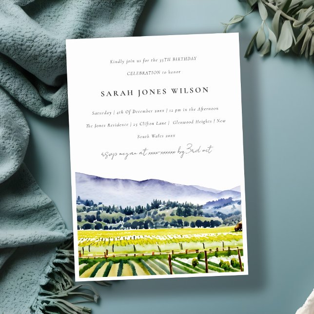 Napa Valley Watercolor Vineyard Landscape Birthday Invitation (Creator Uploaded)