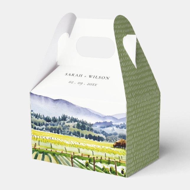 Napa Valley Watercolor Vineyard Landscape Wedding Favour Box (Front Side)