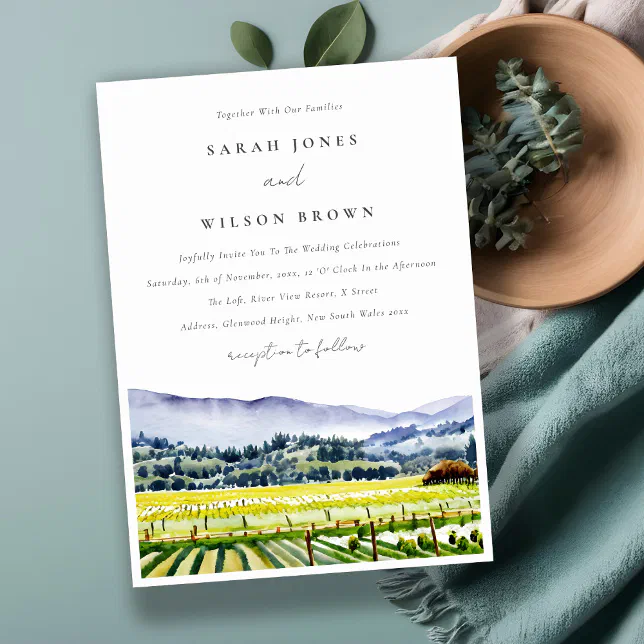 Napa Valley Watercolor Vineyard Landscape Wedding Invitation | Zazzle
