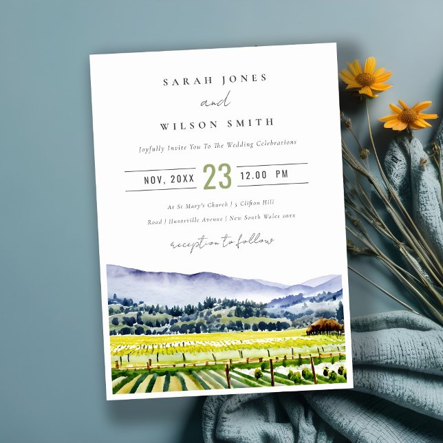 Napa Valley Watercolor Vineyard Landscape Wedding Invitation (Creator Uploaded)