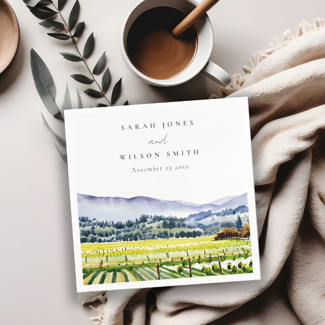 Napa Valley Watercolor Vineyard Landscape Wedding Napkin (Creator Uploaded)