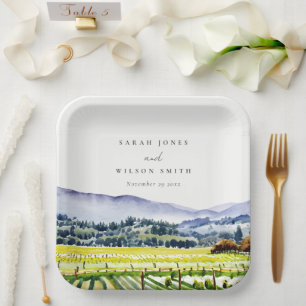 Napa Valley Watercolor Vineyard Landscape Wedding Paper Plate