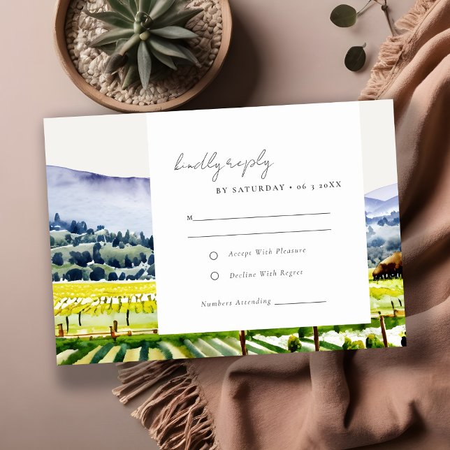 Napa Valley Watercolor Vineyard Landscape Wedding RSVP Card (Creator Uploaded)
