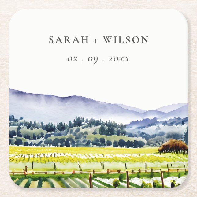 Napa Valley Watercolor Vineyard Landscape Wedding Square Paper Coaster (Front)
