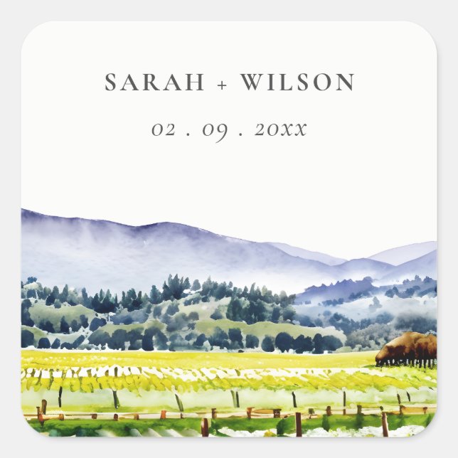 Napa Valley Watercolor Vineyard Landscape Wedding Square Sticker (Front)