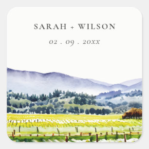 Napa Valley Watercolor Vineyard Landscape Wedding Square Sticker