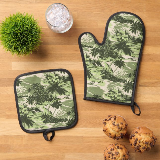 Napili Bay Hawaiian Island Scenic Green Oven Mitt & Pot Holder Set (Top Down)