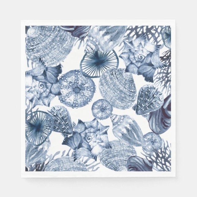 Napkins Blue and White Seashells Coastal Design (Front)