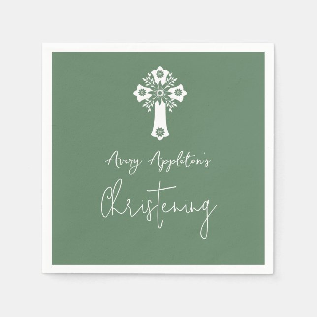 Napkins Floral Cross Christening Fern Green (Front)