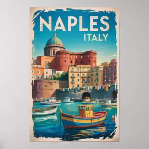 Naples Bay Italy Illustration Travel Art Vintage Poster
