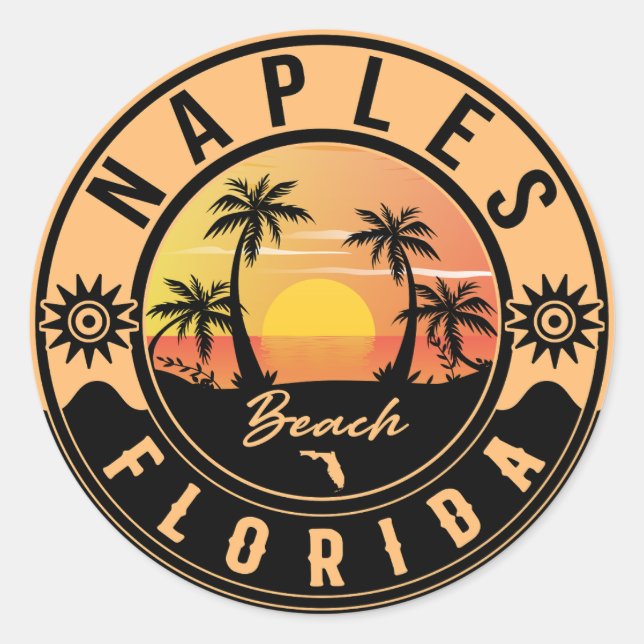 Naples Florida Beach Retro Sunset Souvenirs Classic Round Sticker (Front)