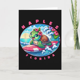 Naples Florida Cute Surfing Girl Sea Turtle Card