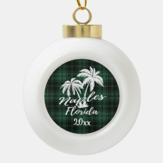 Naples Florida Palm Tree Green Plaid Ceramic Ball Christmas Ornament