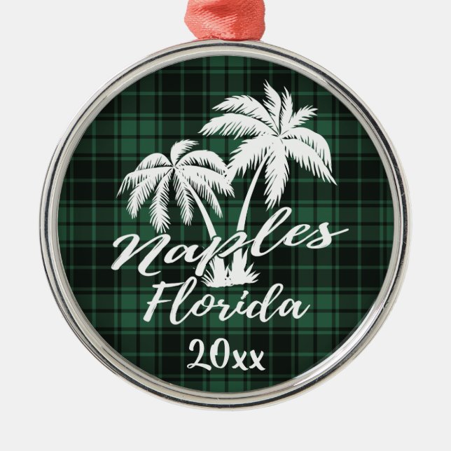 Naples Florida Palm Tree Green Plaid Metal Tree Decoration (Front)
