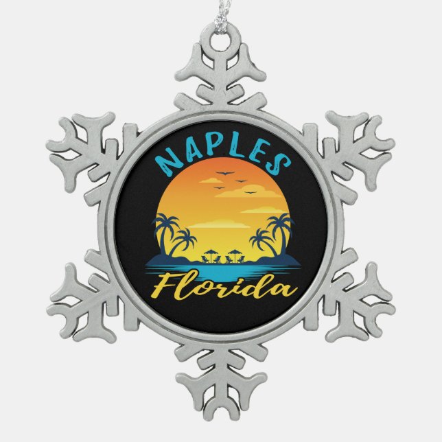 Naples Florida Palm Trees Beach Snowflake Pewter Christmas Ornament (Front)