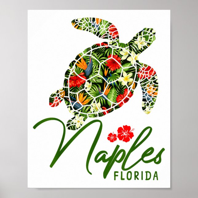 Naples Florida Sea Turtle Tropical Hibiscus Beach  Poster (Front)