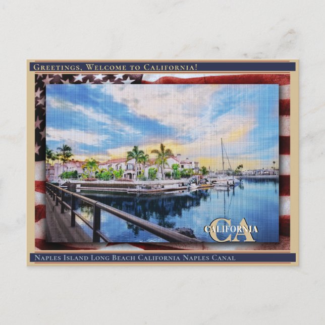 Naples Island Long Beach California Linen + Flag  Postcard (Front)