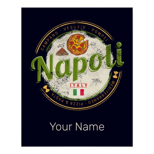 Naples Italy Retro Vesuvius And Pizza Vintage Poster (Front)