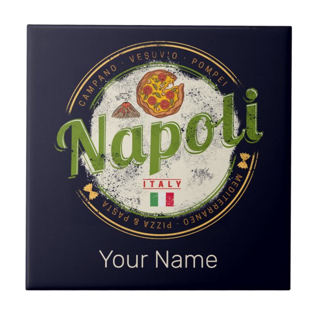 Naples Italy Retro Vesuvius And Pizza Vintage Tile (Front)