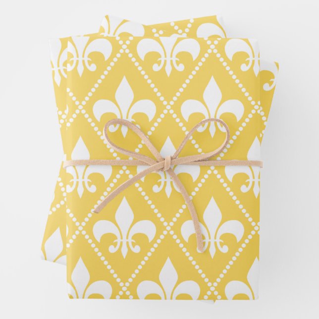Naples Yellow Fleur de Lis Wrapping Paper Sheet (In situ)
