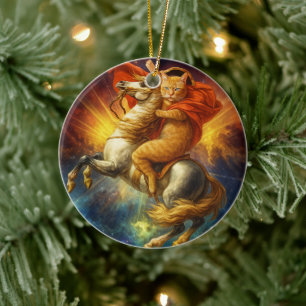 Napoleon Cat Riding Horse Through Galaxy Ceramic Tree Decoration