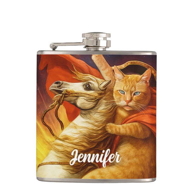 Napoleon Cat Riding Horse Through Galaxy           Hip Flask (Front)