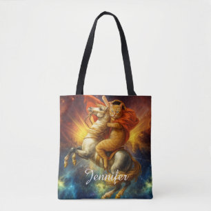 Napoleon Cat Riding Horse Through Galaxy Tote Bag