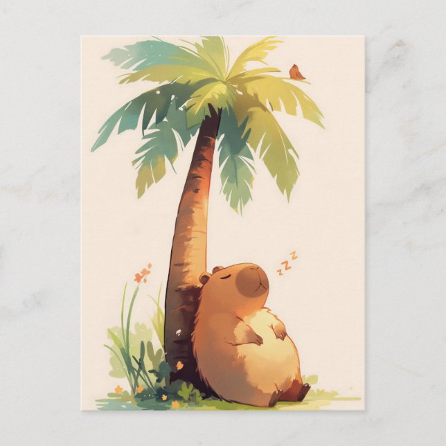 Napping Capybara Under Tropical Palm Tree Postcard (Front)