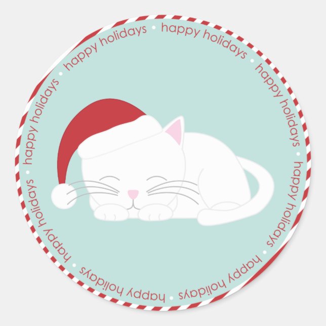 Napping Cat Wearing a Santa Hat Classic Round Sticker (Front)