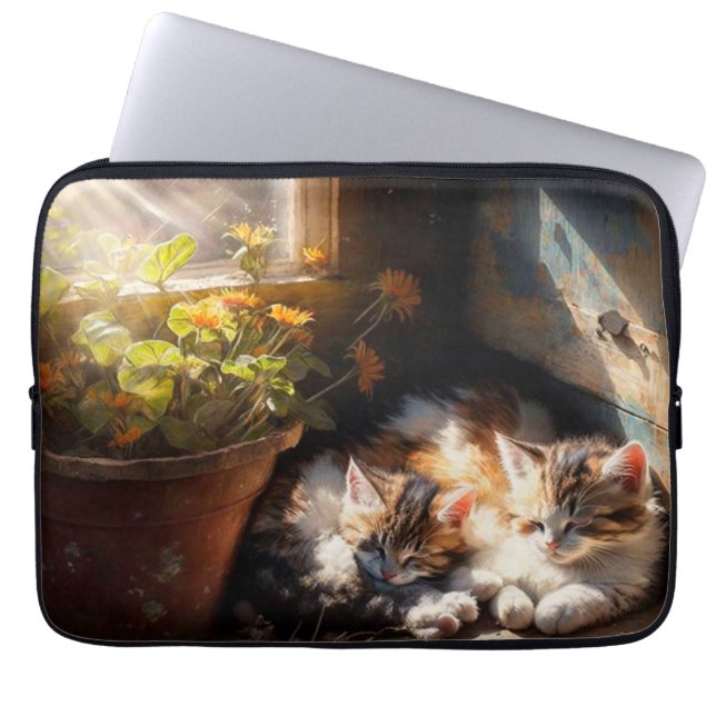 Napping Kittens in the Garden Shed Oil Painting Laptop Sleeve (Front)