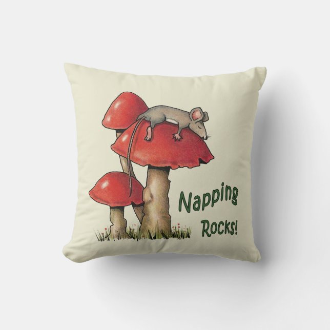 Napping Rocks! Mouse Sleeping on Toadstool Cushion (Front)