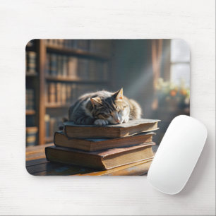 Napping Tabby Cat On Library Books Mouse Mat