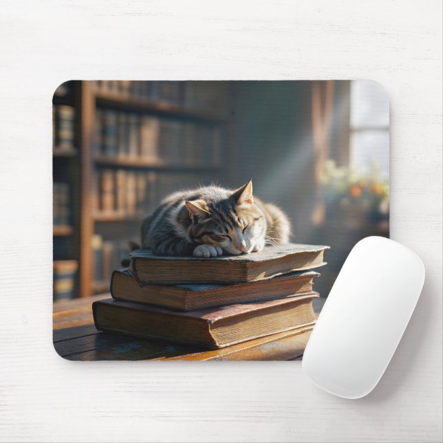 Napping Tabby Cat On Library Books Mouse Mat (With Mouse)