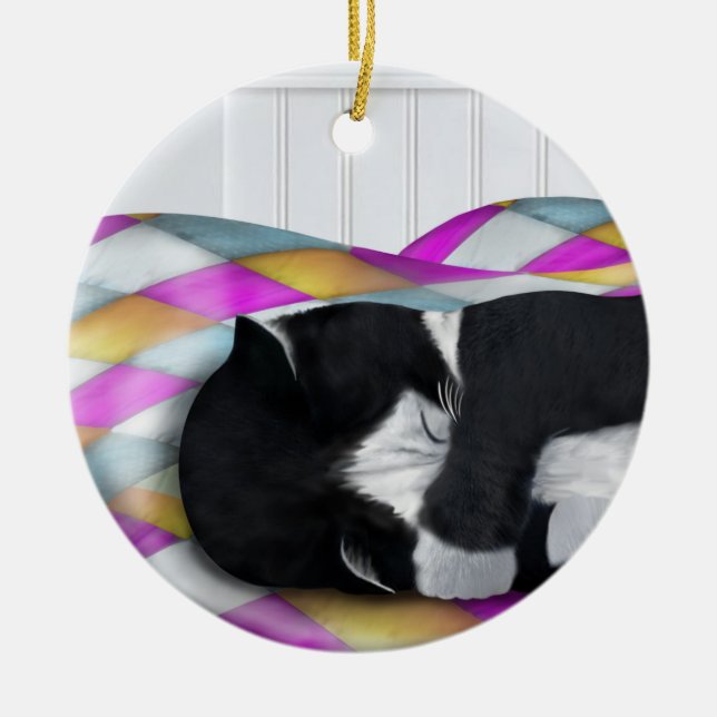 Napping Tuxedo Cat Ceramic Tree Decoration (Front)