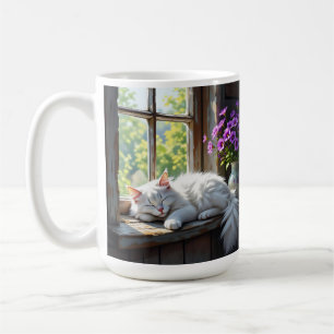 Napping White Cat and Purple Flowers  Coffee Mug