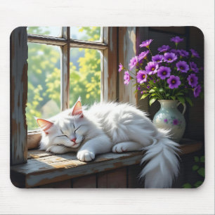 Napping White Cat and Purple Flowers Mouse Mat