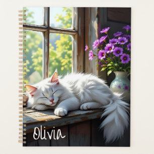 Napping White Cat and Purple Flowers Personalised Planner