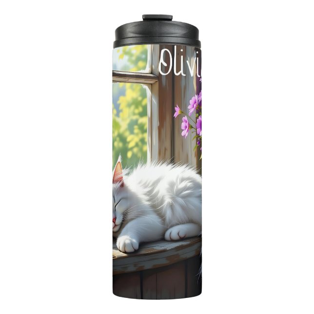 Napping White Cat and Purple Flowers Personalised Thermal Tumbler (Front)