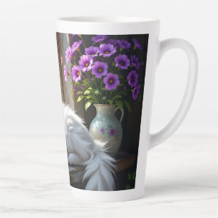 Napping White Cat and Purple Flowers Personalized Latte Mug