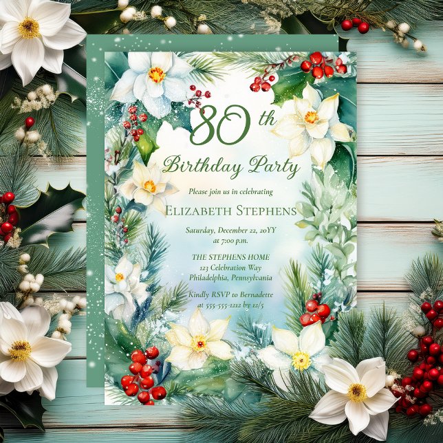 Narcissus | Holly Floral 80th Birthday Party  Invitation (Narcissus, Holly and Berries Winter Floral 80th Birthday Party Invitation - Print | Digital)