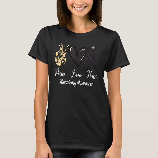 Narcolepsy Awareness Peace Love Hope Black Ribbon T-Shirt (Front)