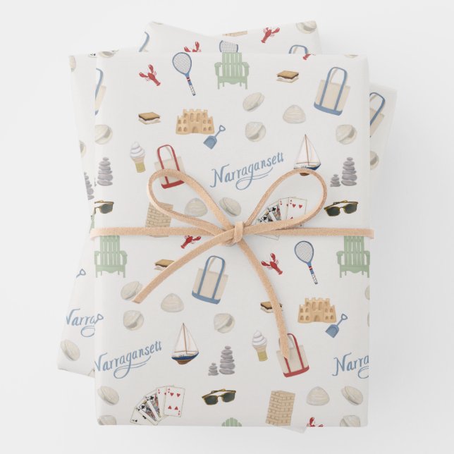 Narragansett Rhode Island Beach Family Vacation Wrapping Paper Sheet (In situ)