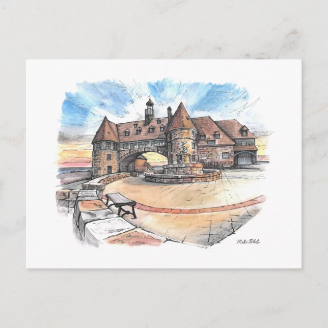 Narragansett Towers, Coast Guard House Pen and Ink Postcard (Front)
