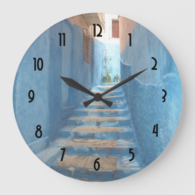 Narrow Blue Stairway in Morocco Large Clock (Front)