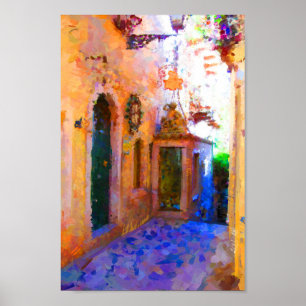 Narrow Street in Taormina Italy Yellow Purple Art Poster