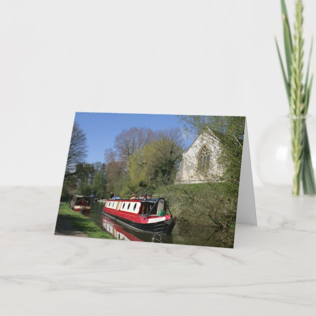 Narrowboat & Church On Oxford Canal Greeting Card (Front)