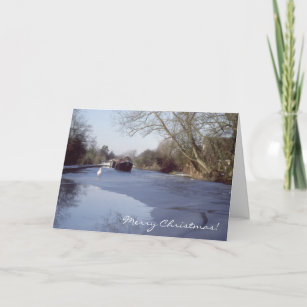 Narrowboat on frozen channel holiday card